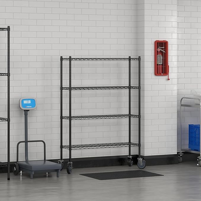 Commercial NSF Listed Black Epoxy Mobile Wire Shelving Kit 12" x 42" x 60", with 4 Shelves Perfect for Warehouse, Walk-in Refrigerator, Freezer, Grocery Store, Restaurant, Dishroom