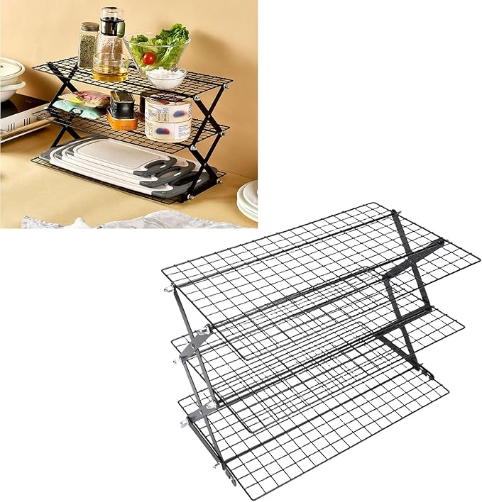 Foldable Countertop Storage Rack, Multi Tires Stainless Steel Space Saving Shelf Collapsible Stackable Organizer with Mesh Design for Drying Food Seasoning (3 Layer)