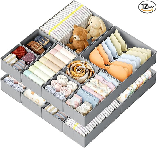 DIMJ Drawer Organizer Clothes, 12 Pack Dresser Organizer, Foldable Closet Organization and Storage Dividers, Fabric Dresser Drawer Organizers for Underwears, Nursery, Baby Clothes, Socks, Tie (Grey)