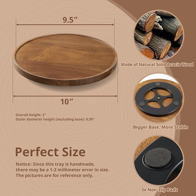 10” Acacia Wood Lazy Susan Turntable Organizer for Cabinet - Round Wooden Lazy Susan Organization and Storage for Pantry Table Kitchen Countertop Cupboard Coffee Bar Farmhouse Decor
