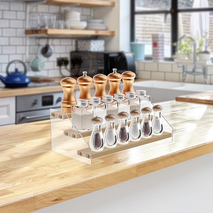 Homakover Tiered Acrylic Wood Spice Rack - 3 Tier Clear Stand Step Can Organizer for Kitchen Cabinet & Countertop Storage