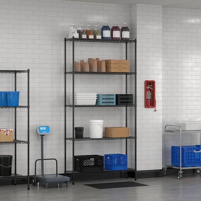 Commercial NSF Listed Black Epoxy Stationary Wire Shelving Kit 14" x 48" x 96", with 5 Shelves Perfect for Warehouse, Walk-in Refrigerator, Freezer, Grocery Store, Restaurant, Dishroom