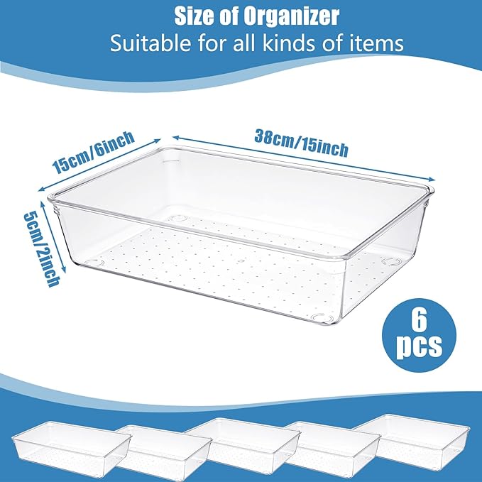 6Pack Drawer Organizer Tray 15 x 6 x 2Inch Large Clear Plastic Drawers Organizer Stackable Shallow Drawer Organizers for Jewelry, Snacks, Office, Bathroom, Bedroom and Kitchen