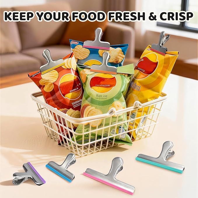 HOUSE AGAIN 8 Pack Stainless Steel Chip Bag Clips Covered with Silicone - NO More Sharp Edges - Color Coded for Upgrade Wide Open Food Bags, Heavy Duty for Kitchen and Office, (4 x L, 4 x S)