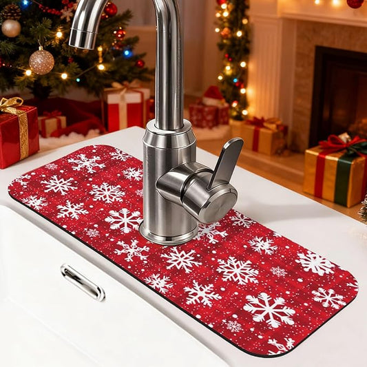 Sink Faucet Mat Winter Snowflake Kitchen Splash Guard Absorbent Bathroom Sink Mat Around Faucet 15" x 5.5" Drying Mats Stone Draining Mat