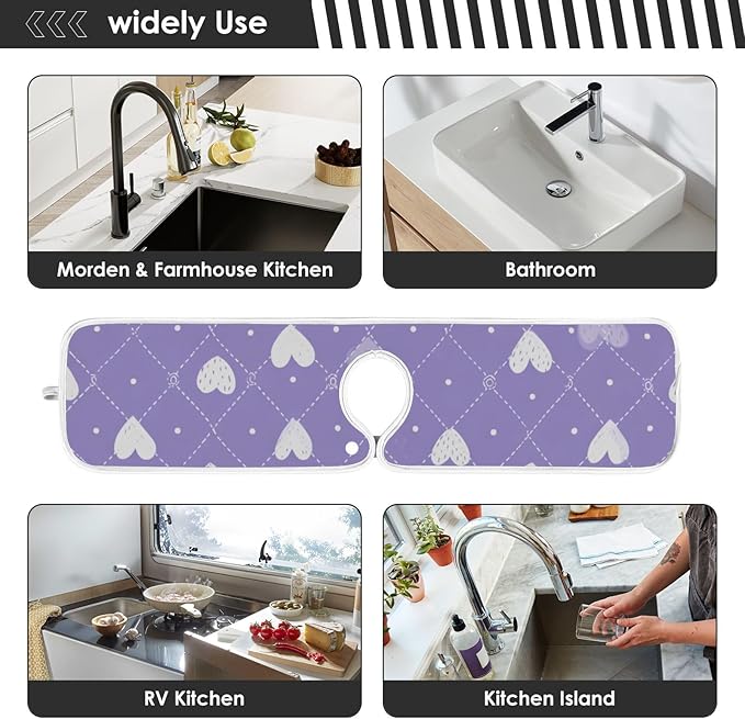 2 PCS Kitchen Sink Splash Guard 23.6 Inch Faucet Mat for Kitchen Sink Bathroom Sink Faucet Absorbing Drip Drain Mat Pad Microfiber Soft Washable Valentine Purple Colorful Hearts