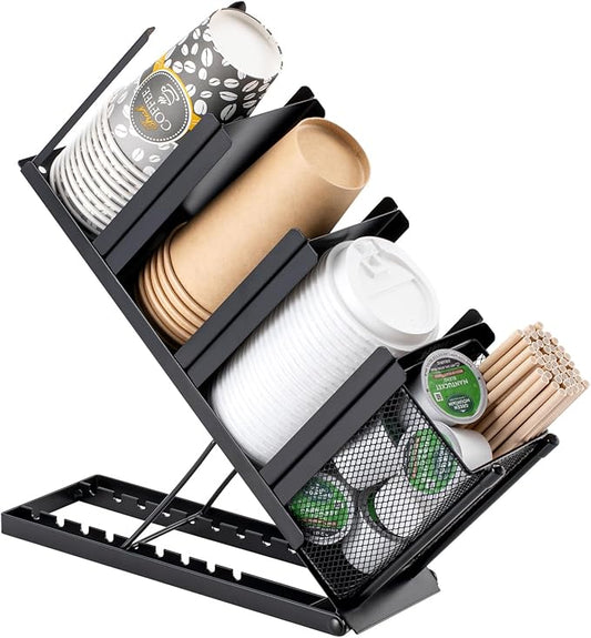 Rice rat Coffee Cup Holder Organizer 4 Compartment Disposable Cup Dispenser, Cup and Lid Holder with Mesh Basket for Countertop Coffee Station Bar, Black