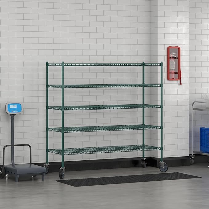 Commercial NSF Listed Green Epoxy Mobile Wire Shelving Kit 21" x 60" x 60", with 5 Shelves Perfect for Warehouse, Walk-in Refrigerator, Freezer, Grocery Store, Restaurant, Dishroom
