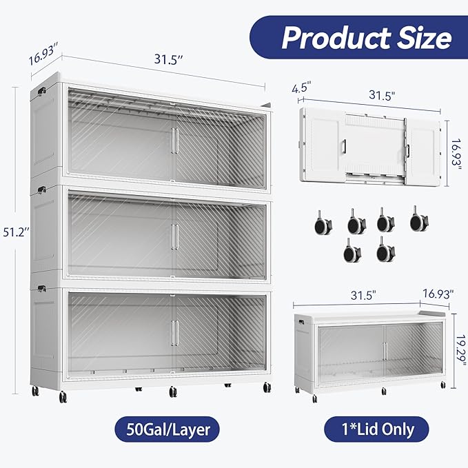 Fangtueh 150 Gallon Extra Large Collapsible Storage Bin with Lid, 960QT Stackable Plastic Organizer with 6x Wheels, Foldable Drawer Cabinet for Closet, Living Room Office, Kitchen 3Pack, White