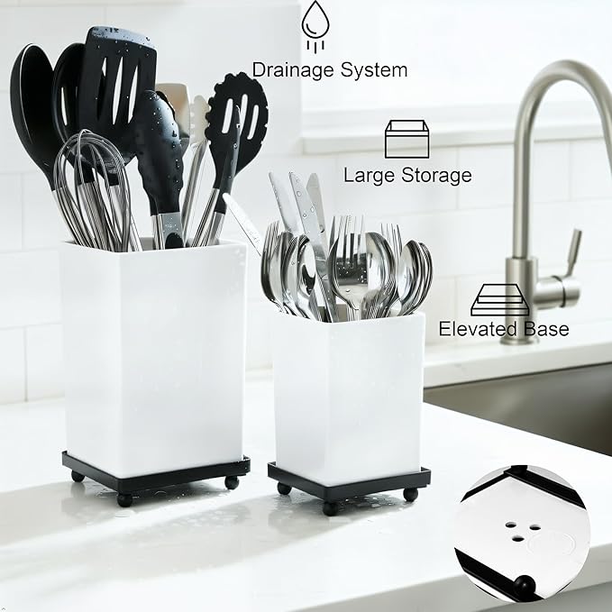 Tiered Counter Utensil Holder Set with 6.5" & 4.7" Removable Drainage Bins, Dual Kitchen Utensil Crock for Cooking Dining Utensils & Spatulas, White