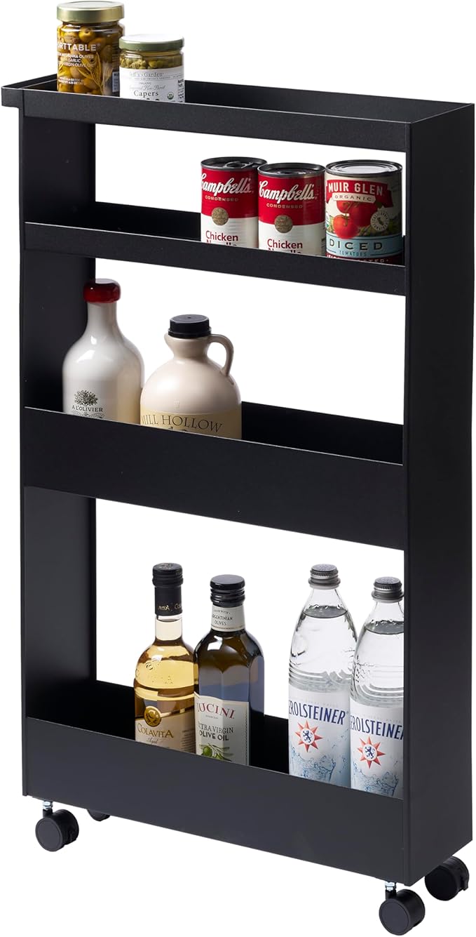 YAMAZAKI Home Tower Slim 4-Tier Rolling Storage Cart – Mobile Organizer for Kitchen Or Bathroom, 31.7" - Steel -