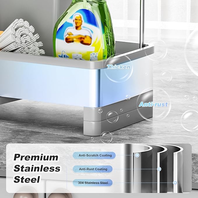 Stainless Steel Sink Caddy, Sponge Holder for Kitchen Sink with Brush Holder & Dishcloth Rack, Rustproof Sink Organizer Countertop, Kitchen Organizers Storage Essentials (F-Gray)