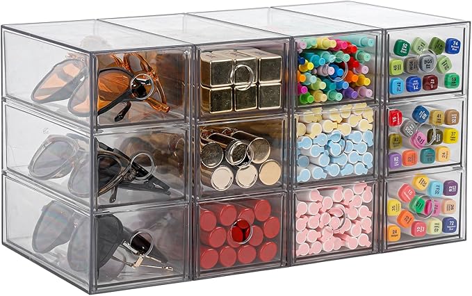 Plastic Storage Drawers, Home Office Supplies Organizer for Bathroom, Kitchen, Pantry, Coffee Bar, Clear Desk Accessories Box for Marker, Art Crafts, Makeup (12 Drawers)