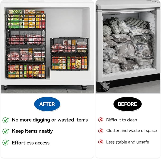 Reinforced Freezer Organizer Bins, 4 Pack Large Stackable Vertical Chest Deep Freezer Storage Containers, Thickened Black Wire Foldable Baskets with Handles