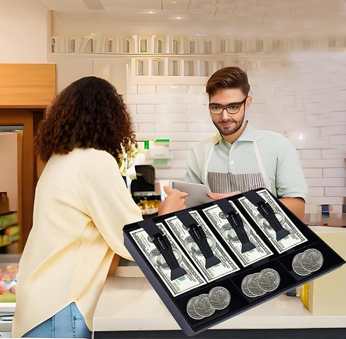 Cash Register Drawer Insert Tray with for Money Storage, Banks Supermarkets Stores,Black (4 Bill & 3 Coin)