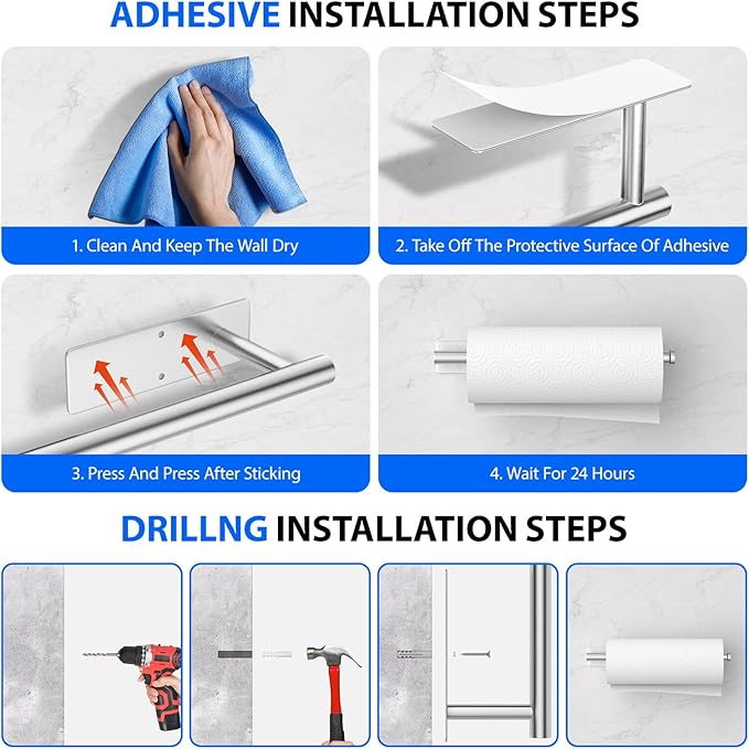 Paper Towel Holder Under Cabinet, Self-Adhesive,No Drilling, Stainless Steel, Wall-Mounted for Kitchen and Bathroom, Easy Install, Durable, Space-Saving, Ideal for Home, RV (Sliver, 2 Pack)