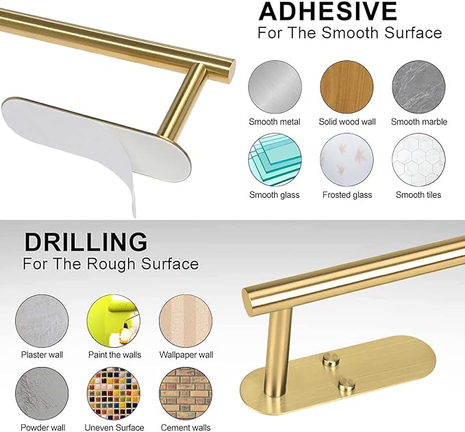 Gold Paper Towel Holder Under Cabinet, Adhesive Paper Towel Roll Holder Stick on Wall, Stainless Steel Towel Paper Holder for Bathroom Kitchen