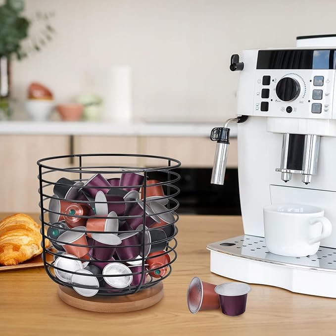 2pcs K Cup Holder Organizer - Coffee Pods Storage Organizer - Coffee Bar Accessories - Large Capacity Black Wire Kup Storage with Bamboo Base