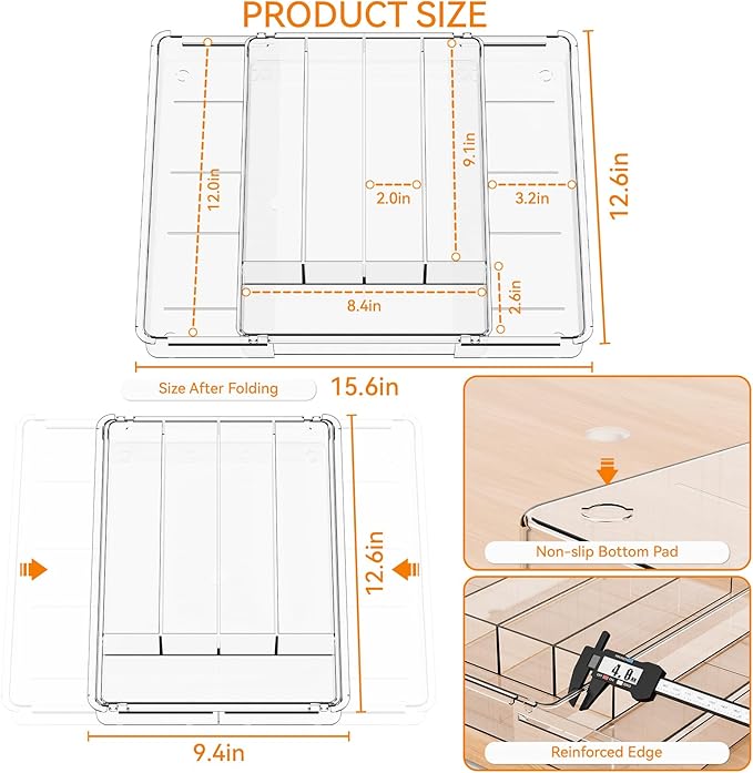 Yieach Clear Expandable Silverware Drawer Organizer,9.4-15.6In Adjustable Silverware Tray for Drawer,Plastic Kitchen Utensil Drawer Organizer for Cutlery,Flatware Organizers and Fork and Spoon Holder