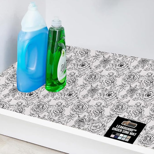 GORILLA GRIP LeakGuard Non-Adhesive Under Sink Mat for Kitchen Cabinet, Waterproof Quick Dry Shelf Liner, Durable Absorbent Felt Mats for Bathroom Sinks, Cabinets, Dresser, Easy Trim 24x24 Floral Gray