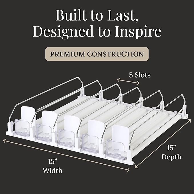 Drink Organizer for Fridge 5-Pack, Spring-Loaded Self-Advancing Can & Bottle Dispenser, Refrigerator Soda/Beer Can Organizer Rack for Water & Energy Drinks, Space-Saving, White