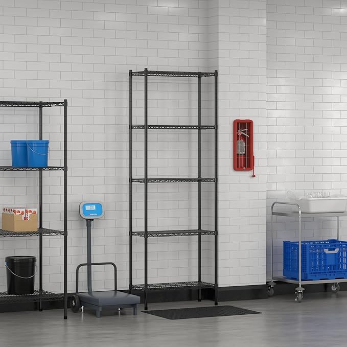 Commercial NSF Listed Black Epoxy Stationary Wire Shelving Kit 14" x 30" x 86", with 5 Shelves Perfect for Warehouse, Walk-in Refrigerator, Freezer, Grocery Store, Restaurant, Dishroom