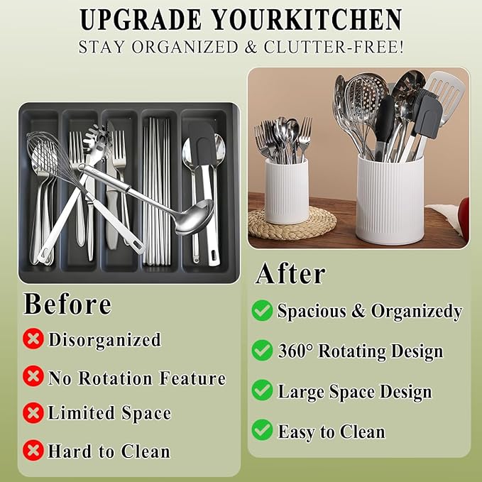 HOMQUEN 360° Rotating Utensil Holder, 6.3''+4.7'' Plastic Kitchen Utensil Holder for Countertop, Large Cooking Utensil Crocks for Kitchen Decor, Utensil Organizer for Spatula, Set of 2 (White)