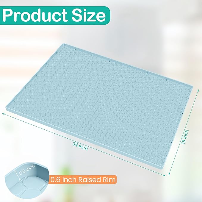 FORWOS Waterproof Under Sink Mat 34" x 19", Silicone Cabinet Liner, Rubber Protector for Kitchen and Bathroom, Keeps Cabinets Clean, Dry, and Organized (Light Blue)
