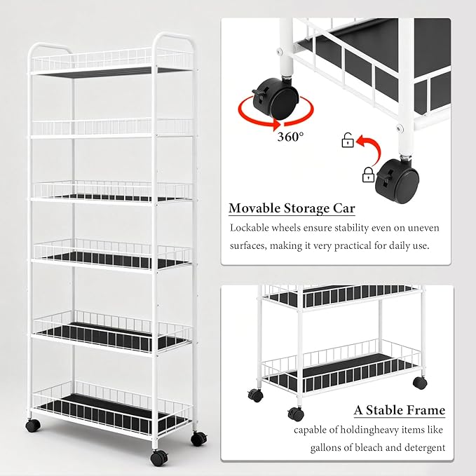 10in Slim Storage Cart, 6-Tier Narrow Rolling Shelf，Sturdy Slim Storage Ideal for Kitchen, Bathroom, and Laundry Room, Black (10in White)