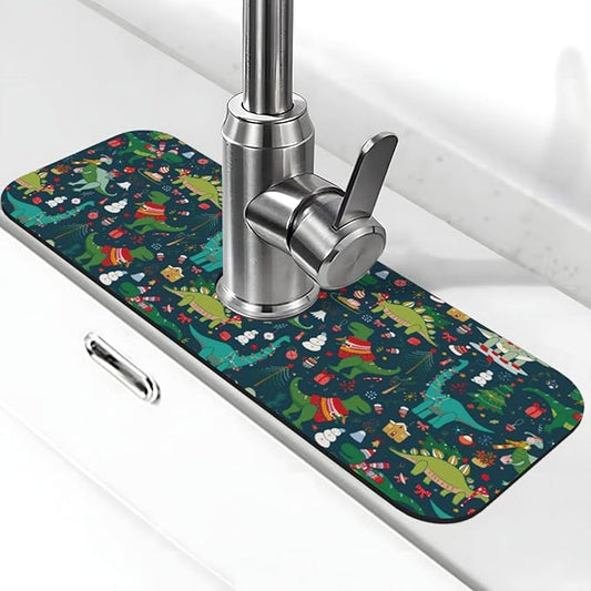 Christmas Dinosaur Tree Xmas Green Kitchen Sink Splash Guard Faucet Mat 1 Pcs, Absorbent Fast Drying Mat Gadgets Splash Guard For Bathroom 15 X 5.5 Inches