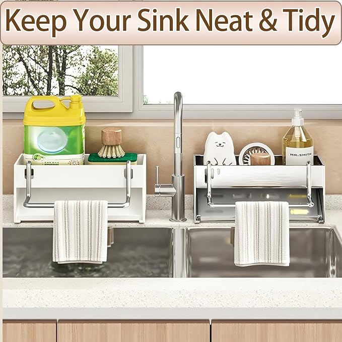 BREIS Sponge Holder for Kitchen Sink, Caddy Organizer with Rag Holder, Countertop Self-Draining Sponge Caddy, Rustproof Sink Storage Rack for Soap Dispenser Storage Accessories (Large-White)
