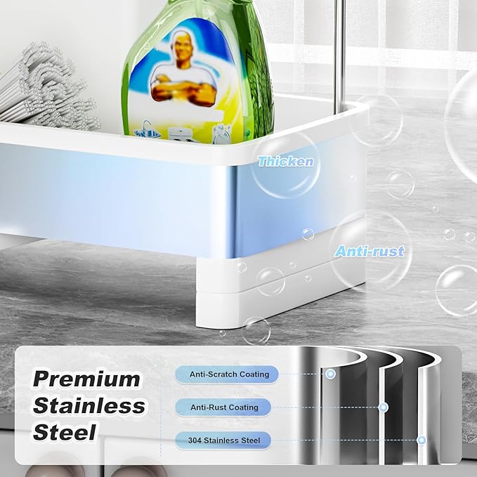 Stainless Steel Sink Caddy, Sponge Holder for Kitchen Sink with Brush Holder & Dishcloth Rack, Rustproof Sink Organizer Countertop, Kitchen Organizers Storage Essentials (E-White)