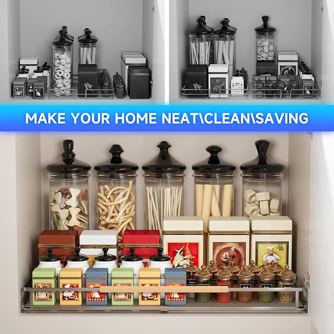 Expandable Pull Out Cabinet Organizer, Adjustable Width 20.5~37.5" W x 22.7" D, Bottom Mount Under Sink Organizer, Under Sink Organizer, Drawer Organizer Slide Out for Pots Pans