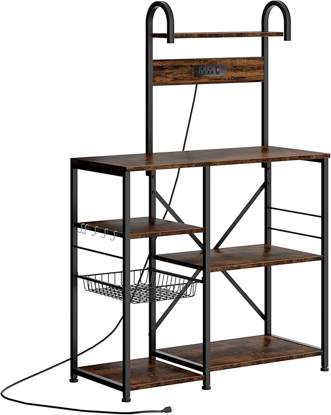 JAMFLY Bakers Rack with Power Outlet, Microwave Stand, kitchen Storage Shelf with 6 Hooks, Coffee Bar Station with Wire Basket, 6 Tier Kitchen Rack for Living Room, Spice, Pots and Pans Organizer