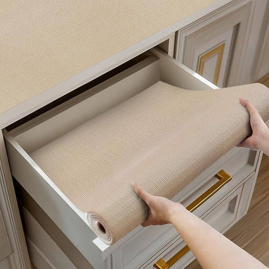 Shinlendid Shelf and Drawer Liner for Kitchen Cabinets Non-Adhesive, Strong Grip Non-Slip Thickened Cabinet Liners for Shelves, Waterproof Mats for Dresser Cupboard, Khaki, 12 in x 10 Feet