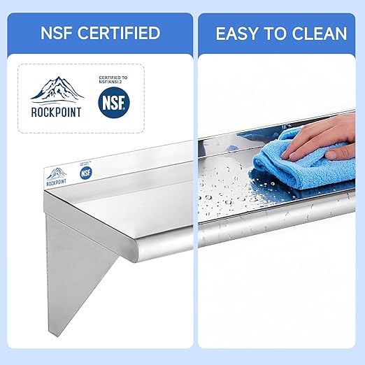 ROCKPOINT Stainless Steel Shelf 12 x 24 Inches 250lb, NSF Metal Commercial Shelves Wall Mount Floating Shelving with Backsplash for Restaurant, Kitchen, Home and Hotel, Silver