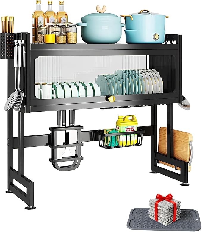 Over The Sink Dish Drying Rack 3-Tier Dish Drainer Racks with Cover Space-Saving Kitchen Organizer for Dishes, Glasses, Bowls & Cutlery