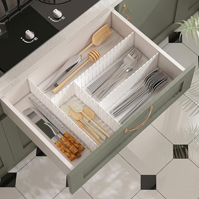 ALBAD Plastic Drawer Dividers Adjustable Drawer Organizer Dividers Separator for Tidying Clutter/Cutlery/Underwear/Socks/Clothes/Dresses/Boxes/Bins in Kitchen Bathroom Bedroom Office