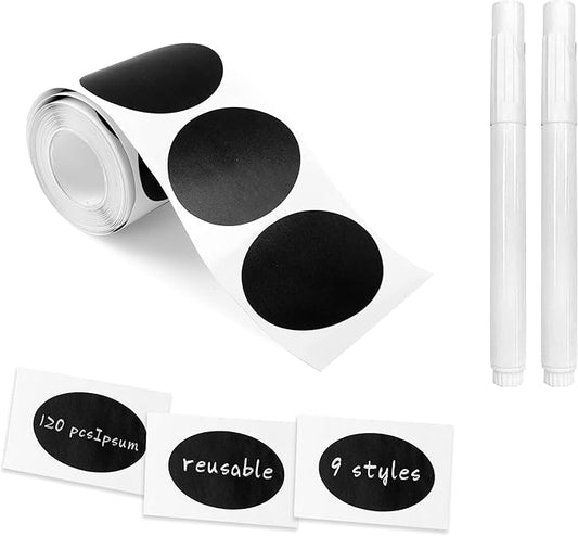 MUWOOB Chalkboard Labels, 120 Pcs Black Reusable Waterproof Labels Stickers, Kitchen Pantry Sticker for Containers, Mason Jars, Condiments, Food Storage (Oval)