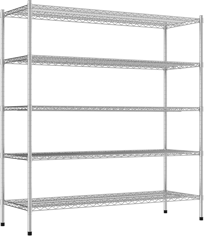 Commercial NSF Listed Chrome Stationary Wire Shelving Kit 21" x 60" x 64", with 5 Shelves Perfect for Warehouse, Walk-in Refrigerator, Freezer, Grocery Store, Restaurant, Dishroom