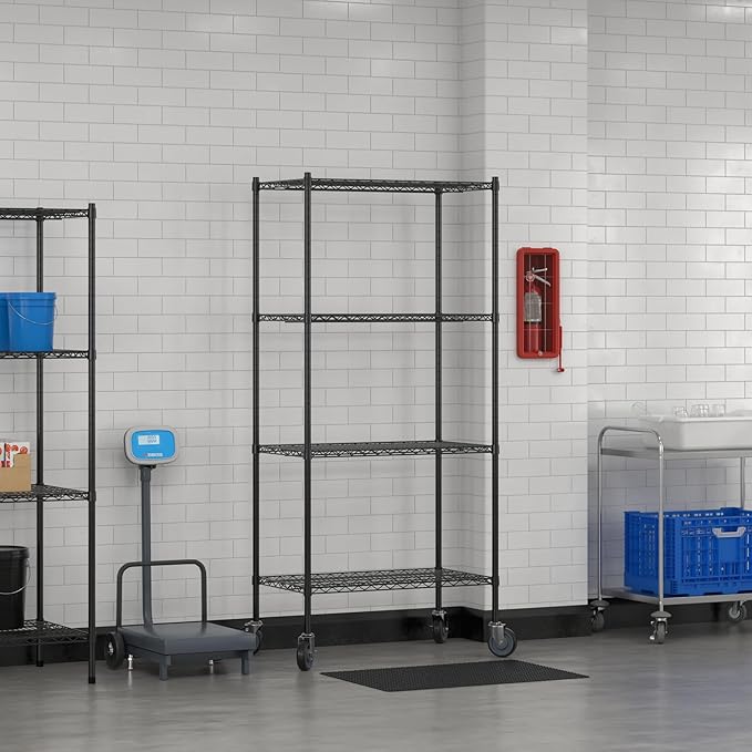 Commercial NSF Listed Black Epoxy Mobile Wire Shelving Kit 21" x 36" x 80", with 4 Shelves Perfect for Warehouse, Walk-in Refrigerator, Freezer, Grocery Store, Restaurant, Dishroom