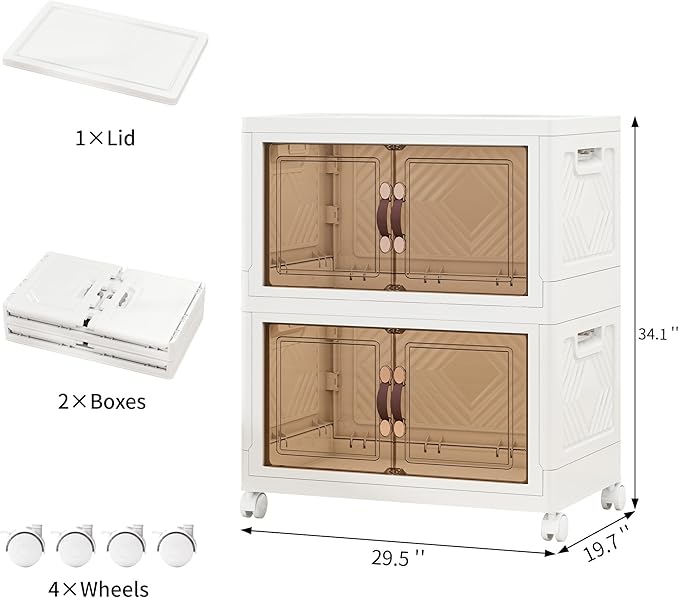 Storage Bins with Lids and Wheels, 314QT-157QT*2Tier Collapsible Bathroom Storage Cabinet with Clear Doors, Plastic Stackable Closet Organizers and Containers White