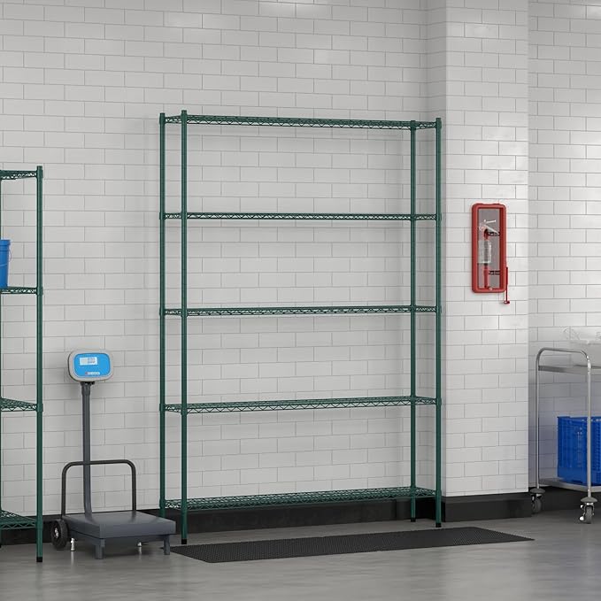Commercial NSF Listed Green Epoxy Stationary Wire Shelving Kit 12" x 60" x 86", with 5 Shelves Perfect for Warehouse, Walk-in Refrigerator, Freezer, Grocery Store, Restaurant, Dishroom