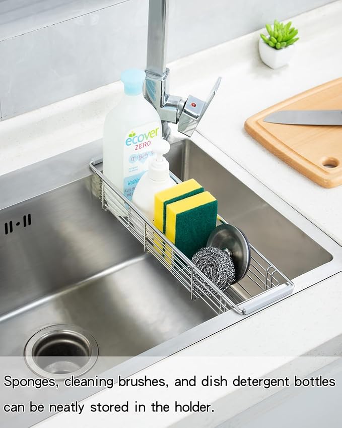 Kitchen Sink Sponge Holder, 304 Stainless Steel Expandable Drain Rack Organizer