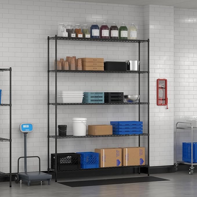Commercial NSF Listed Black Epoxy Stationary Wire Shelving Kit 14" x 72" x 96", with 5 Shelves Perfect for Warehouse, Walk-in Refrigerator, Freezer, Grocery Store, Restaurant, Dishroom