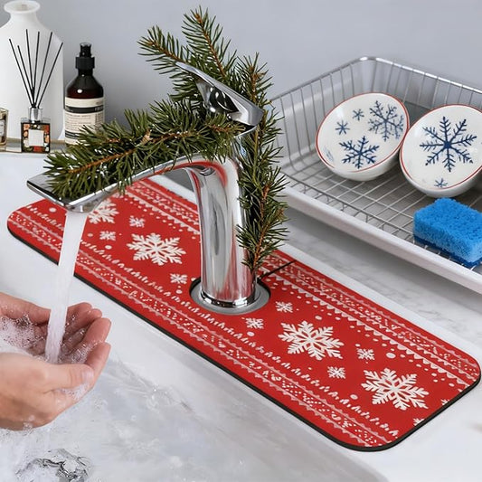Sink Faucet Mat Red Winter Snowflake Kitchen Splash Guard Absorbent Bathroom Sink Mat Around Faucet 15" x 5.5" Drying Mats Stone Draining Mat