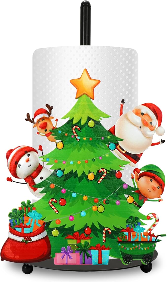 JarThenaAMCS Christmas Paper Towel Holder Xmas Tree Snowman Santa Claus Reindeer Kitchen Decor Accessories Large Metal Towel Holder Stand for Home Bathroom Countertop
