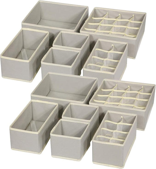 TENABORT 12 Pack Foldable Drawer Organizer Dividers Cloth Storage Box Closet Dresser Organizer Cube Fabric Containers Basket Bins for Underwear Bras Socks Panties Lingeries Nursery Baby Clothes Gray