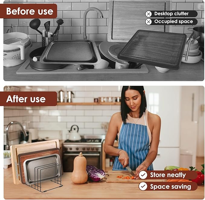 2 Pcs Kitchen Cabinet Cutting Board Organizer, Cookie Sheet Storage Rack, Stable and Non Slip, Iron Cutting Board Rack, Cabinet Dividers Holder for Cutting Boards and Cookie/Baking Sheets