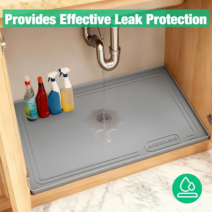 Aisslro Under Sink Mat 28" X 19", Waterproof Silicone Under Sink Mats for Kitchen, Anti-Leak Shelf Liner & Cabinet Protector with Raised Edge, [BPA Free] Bathroom Tray Home Organizer, Grey